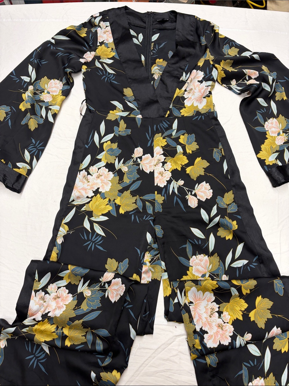 Fashion Nova Black Floral Plunging V-Neck Wide-Leg Jumpsuit